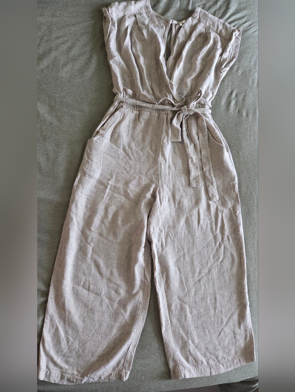 Monteau Beige Linen-Blend Wrap Jumpsuit